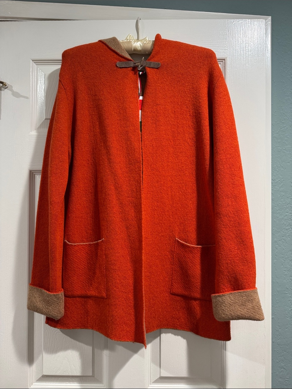 Women's Orange Hooded Wool Coat with Contrast Cuffs